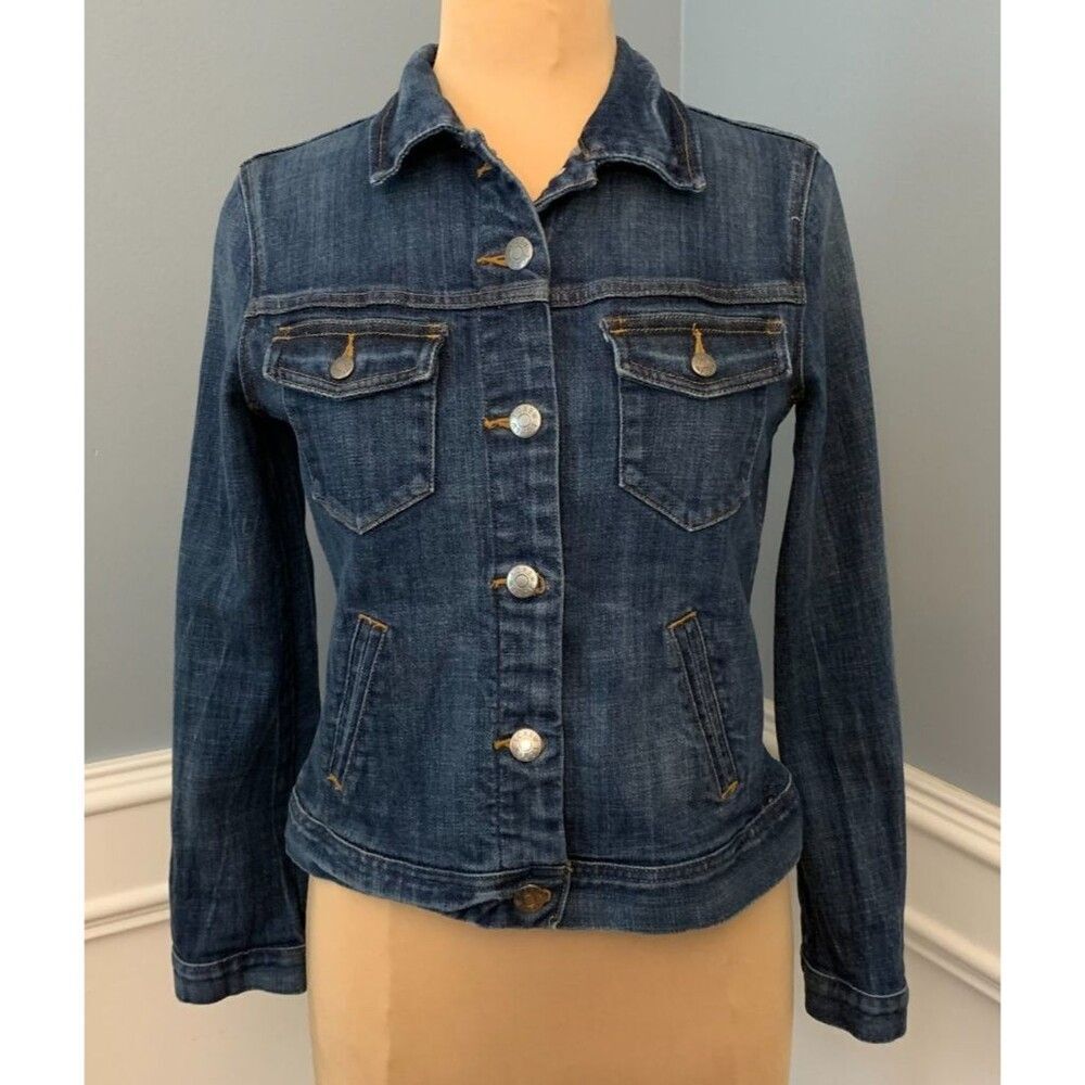 J Crew Denim Jacket Womens S Trucker Jeans Fitted Button Up Dark Wash Stretch